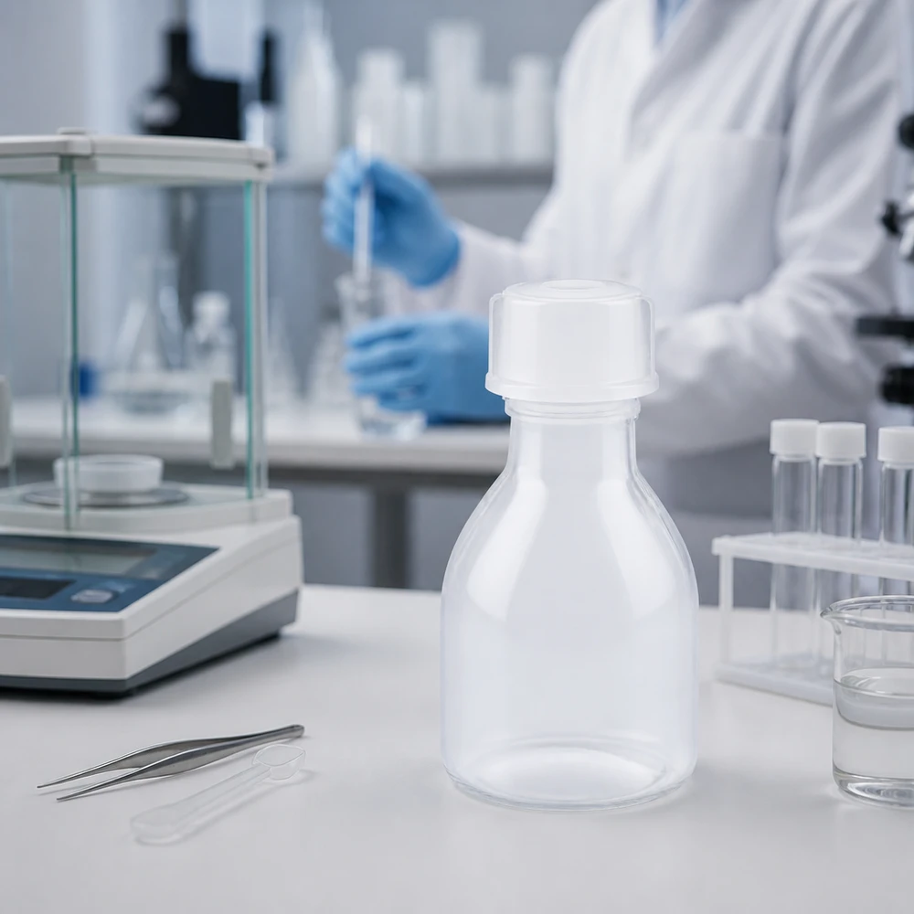 20ml skruvflaska, laboratorieflaska med smal hals En 20 ml skruvflaska med smal hals av genomskinlig plast bredvid en precisionsvåg i laboratoriet
