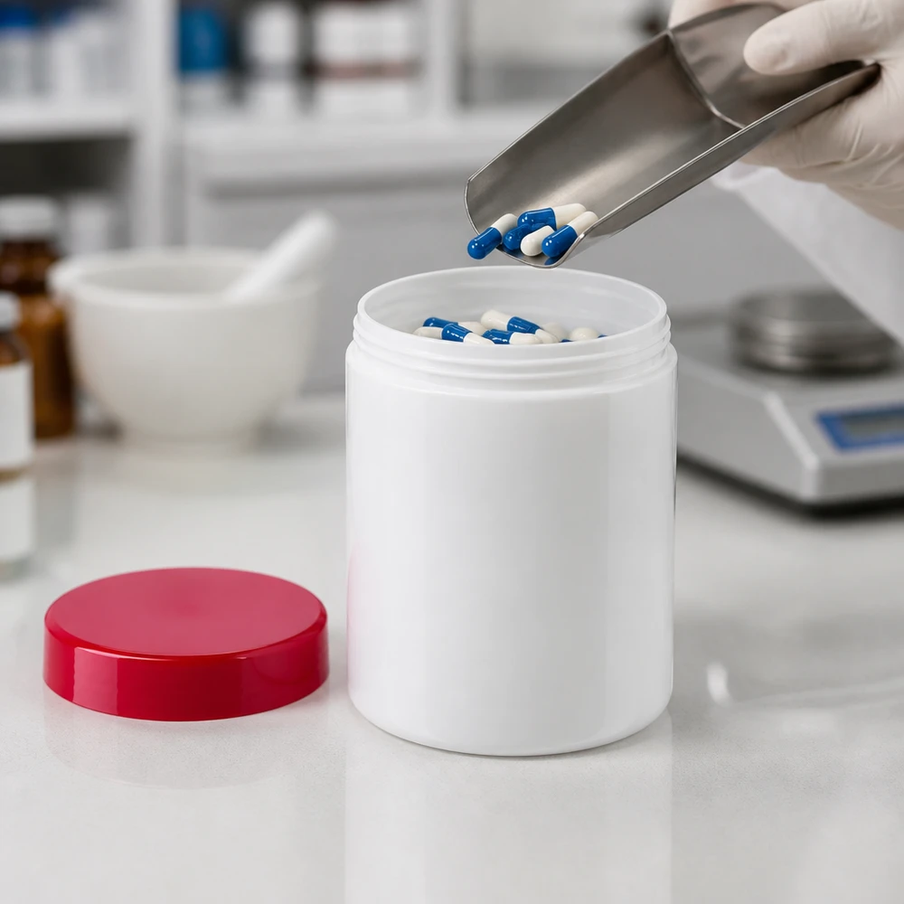 Salvburk 75g vit med rött skruvlock (polypropylen) Fyllning av kapslar i vita 75 g-burkar med röda PP-skruvlock i ett farmaceutiskt laboratorium