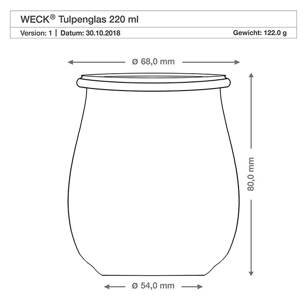 WECK tulpanburk 220 ml komplett med honungssked och rosett Teknisk ritning WECK tulpanburk 220ml med måtten 68mm diameter, 80mm höjd och 122g vikt