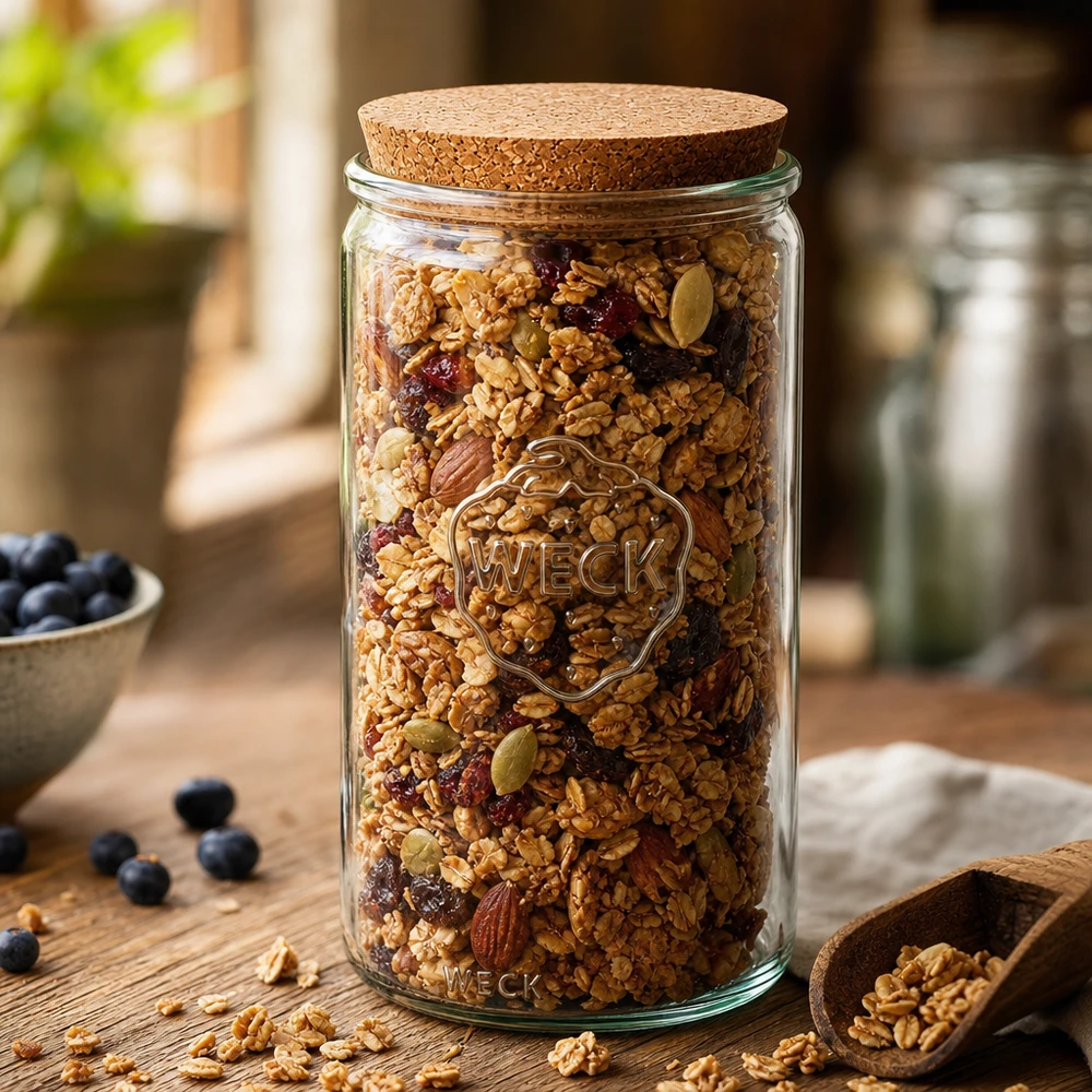 1590ml cylinderburk WECK RR100 med naturkork WECK förvaringsburk 1590ml RR100 fylld med müsli nötter och torkad frukt korklock köksdekoration
