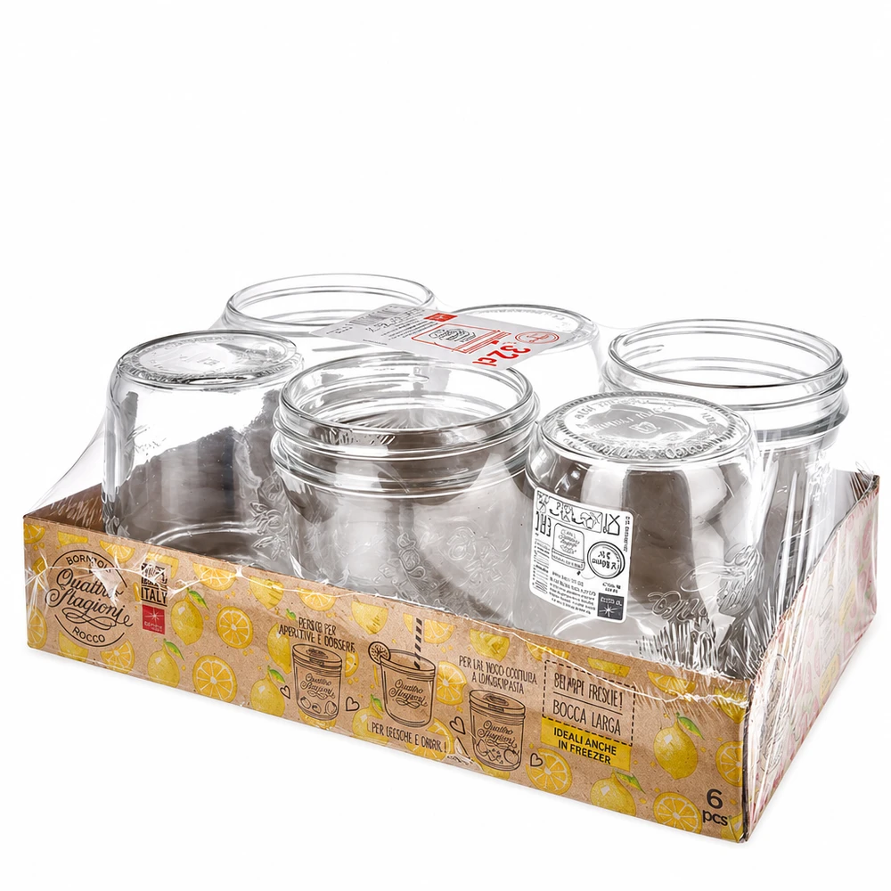 Set om 6 st 320ml Quattro Stagioni tumblers i säljförpackning med lock Bormioli Rocco konserveringsburksset