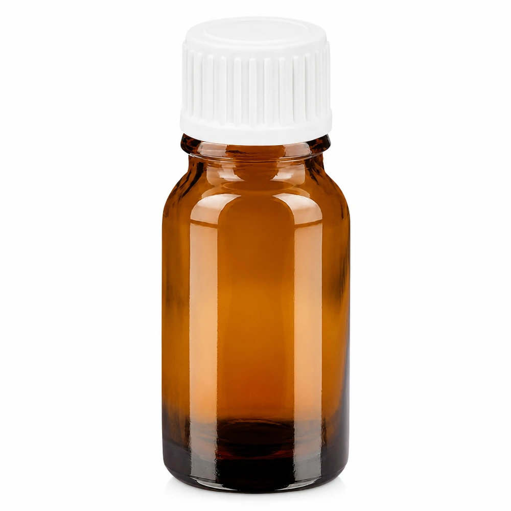 10 ml bärnstensfärgad glasflaska med vitt dropplock för eteriska oljor och läkemedel