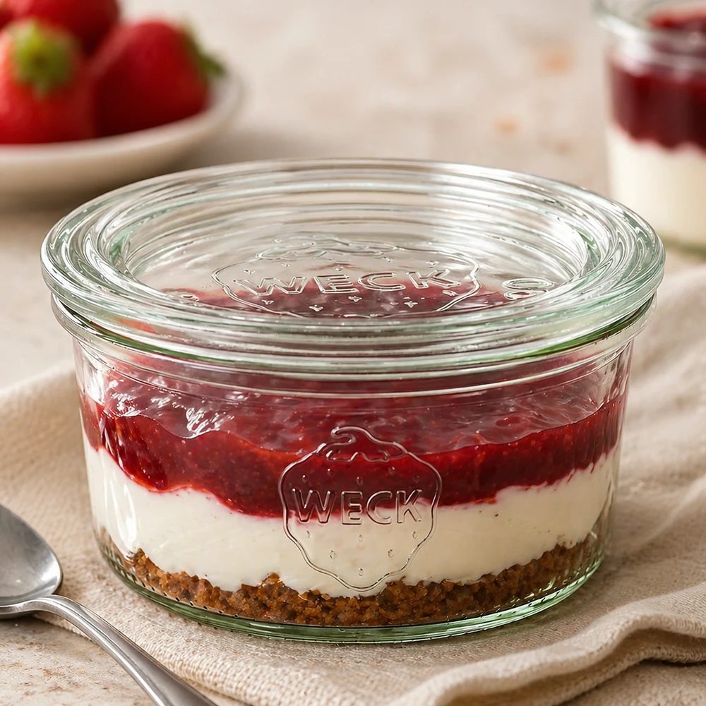 165ml Krossade glasögon med glaslock WECK RR80 WECK 165 ml RR80-glas fyllda med dessert i lager visar mångsidighet för desserter och portionering