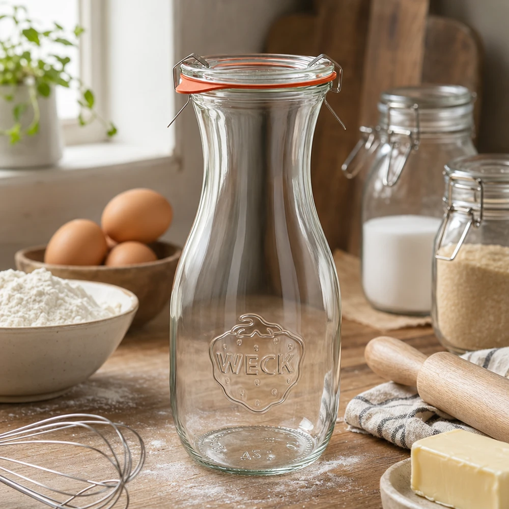 WECK juiceflaska 530ml RR60 i köksmiljö med bakingredienser ägg mjöl och smör på bänkskiva av trä