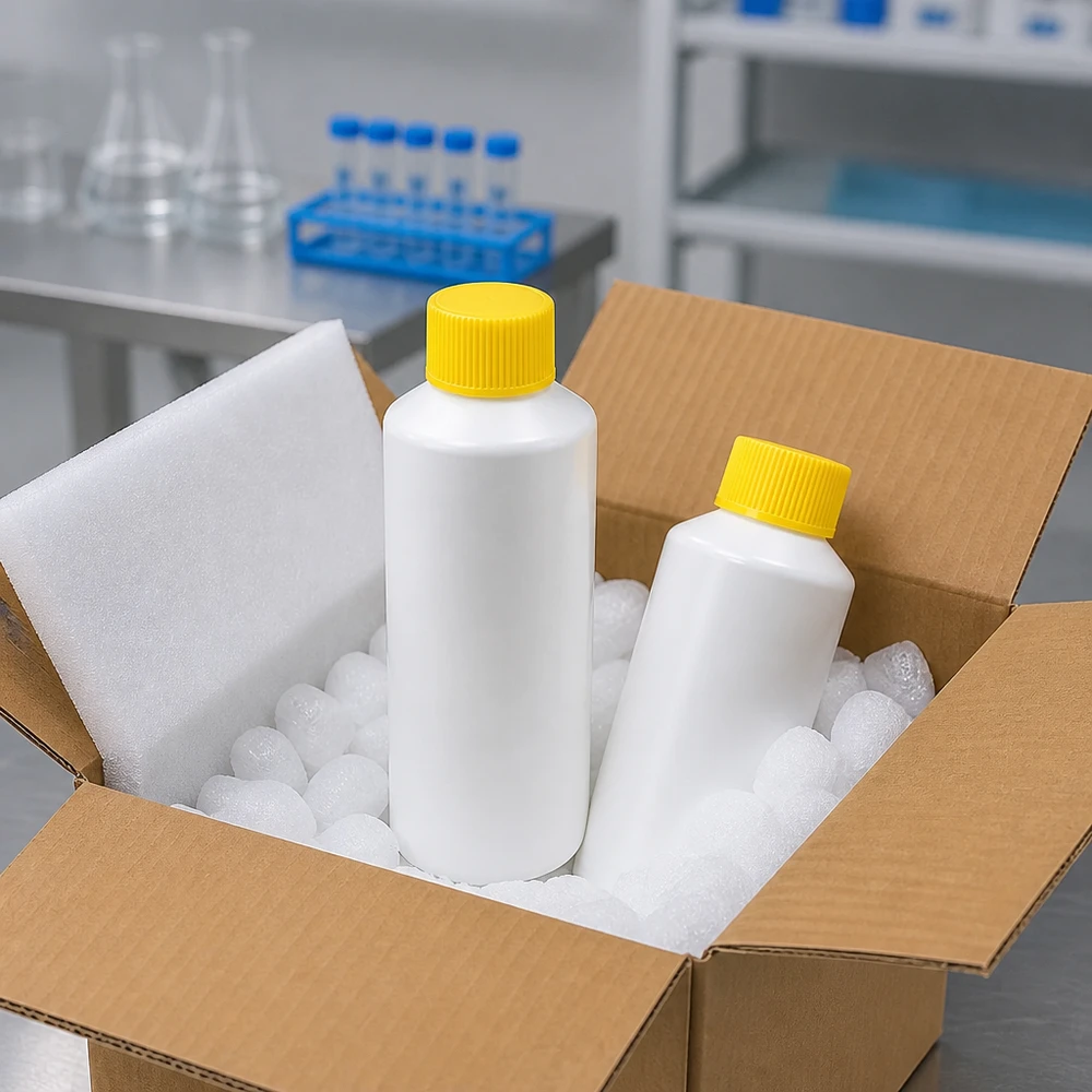 Två vita HDPE-apotekflaskor à 100 ml med gula lock, säkert förpackade i en fraktkartong