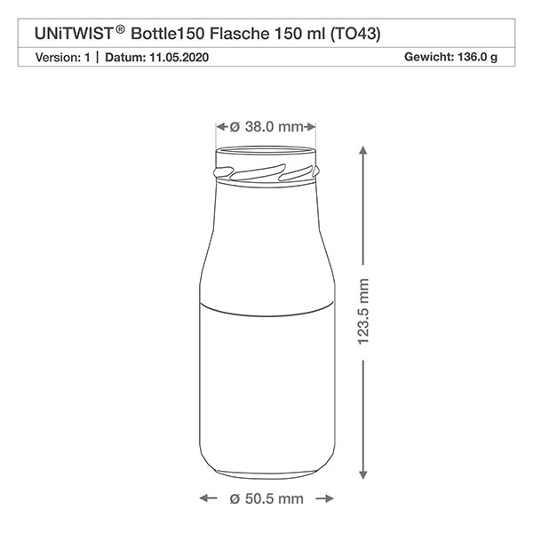150 ml flaska utan lock (TO43) UNiTWIST UNiTWIST Bottle150 glasflaska 150ml TO43 med måtten 38mm diameter 123,5mm höjd teknisk ritning