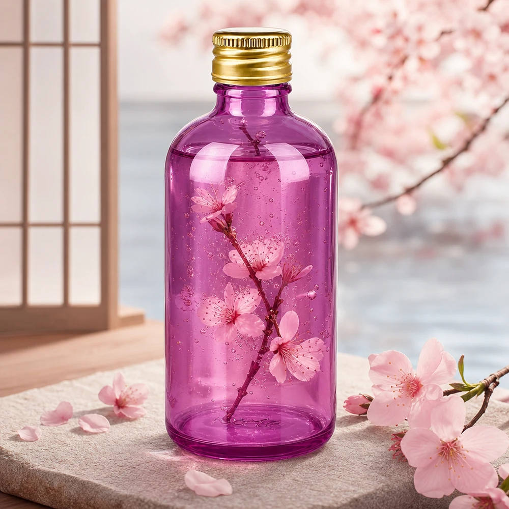 100ml flaska 11mm skruvkork aluminium guld standard PurpleLine. UT18/100 Kompakt 100 ml glasflaska i lila med 18 mm gänga och guldlock för apotek