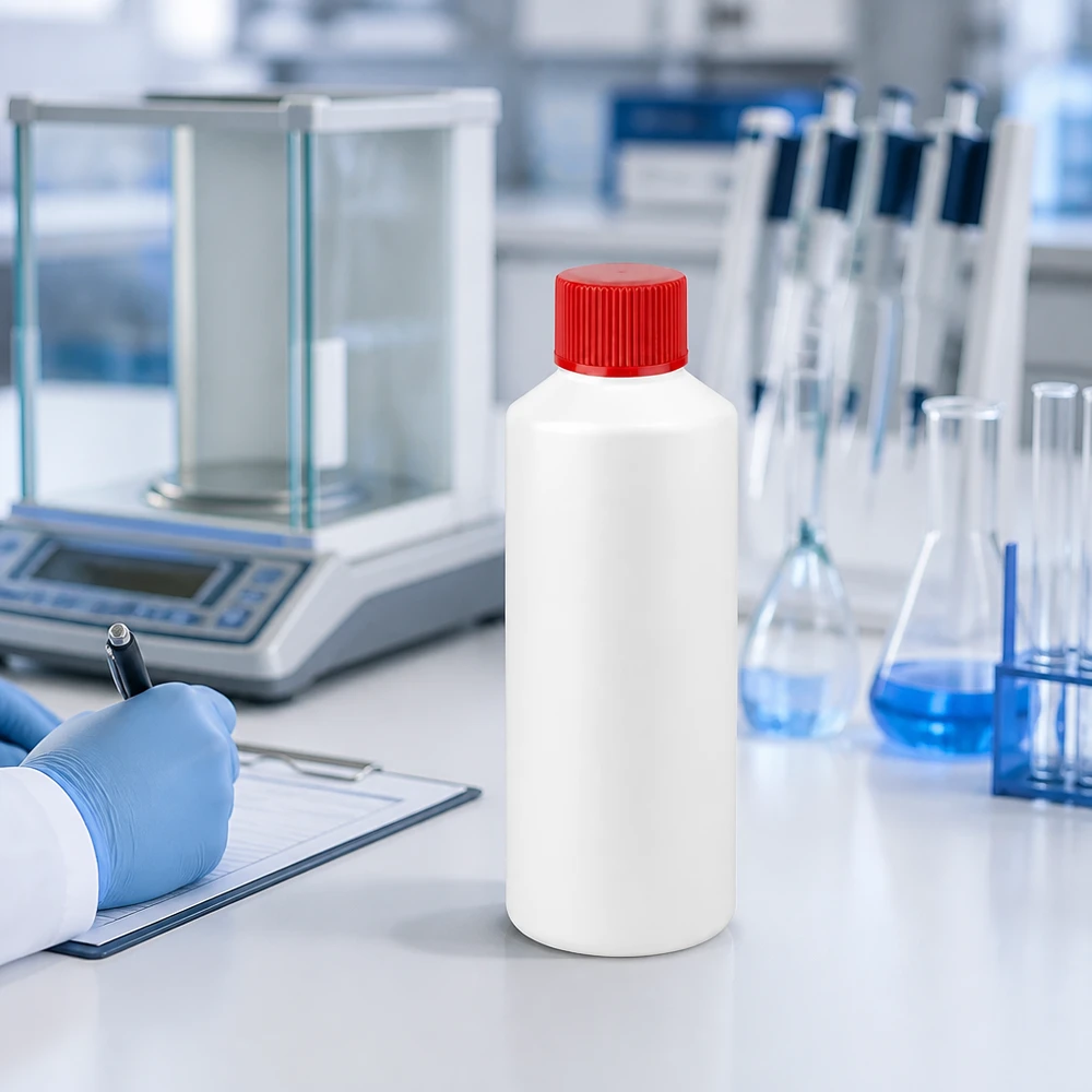 Apoteksflaska HDPE 100ml vit, med rött skruvlock Vit HDPE-apotekflaska på 100 ml med rött SV bredvid en Erlenmeyerkolv och en analysvåg i laboratoriet