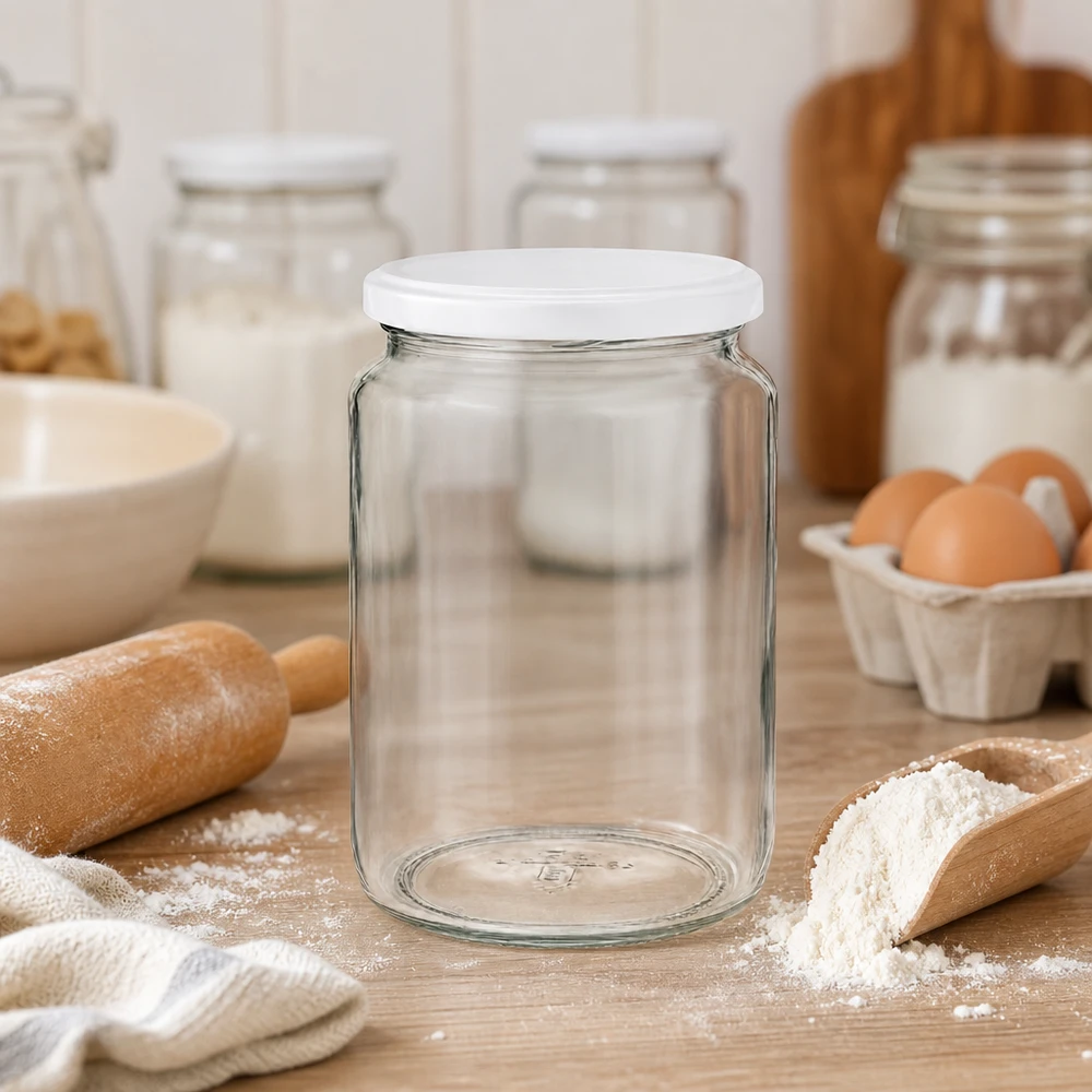 795 ml rund burk med BasicSeal-lock vit UNiTWIST 795 ml UNiTWIST rund burk i köksscen med bakingredienser visar mångsidig användning som förvaringsburk för mjöl