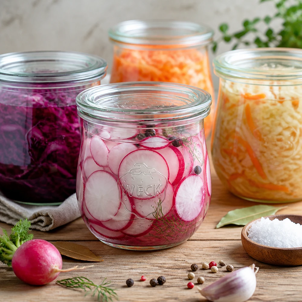 370ml tulpanburk med glaslock WECK RR80 WECK tulpanburk 370ml RR80 med inlagda rädisor och fermenterade grönsaker på ett träbord med kryddor
