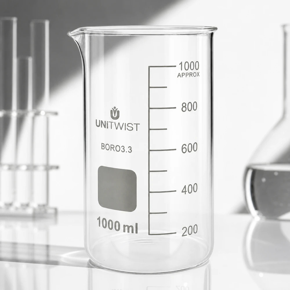 Bägare 1000ml borosilikat, högformad UNiTWIST UNITWIST Mätbägare 1000 ml, hög modell, borosilikatglas 3.3, transparent, tom, med gradering på vit bakgrund