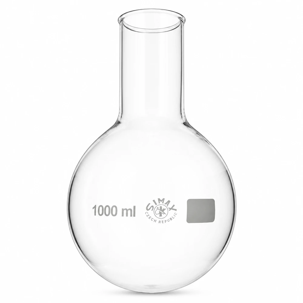 Rundkolv 1000 ml med vid hals av borosilikatglas för laboratoriebruk