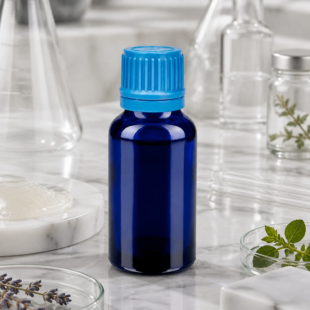 20ml flaska 11mm skruvkork blå sabotageskyddad kork BlueLine UT18/20 Professionell 20 ml BlueLine-flaska för laboratorietillämpningar med exakt 11 mm skruvgänga