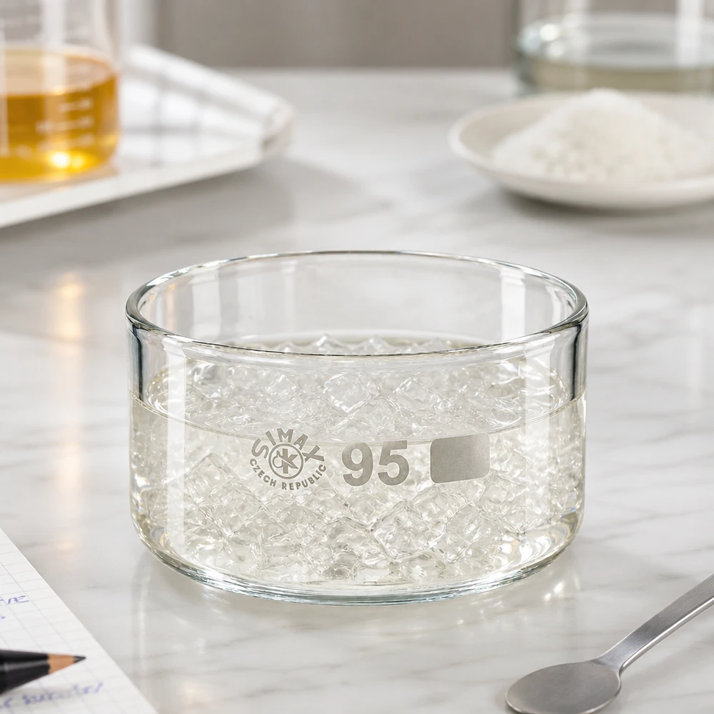 300ml kristalliseringsskål utan pip borosilikat ø95mm Kristalliseringsskål 300 ml fylld med genomskinliga gelpärlor, Simax borosilikatglas, laboratorieskål