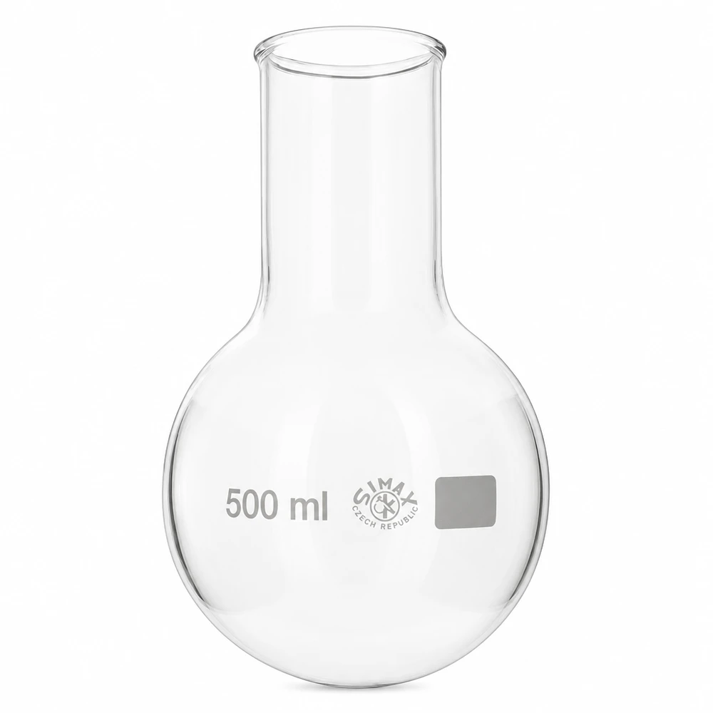 Rundkolv 500 ml med vid hals tillverkad av högkvalitativt borosilikatglas för laboratoriebruk