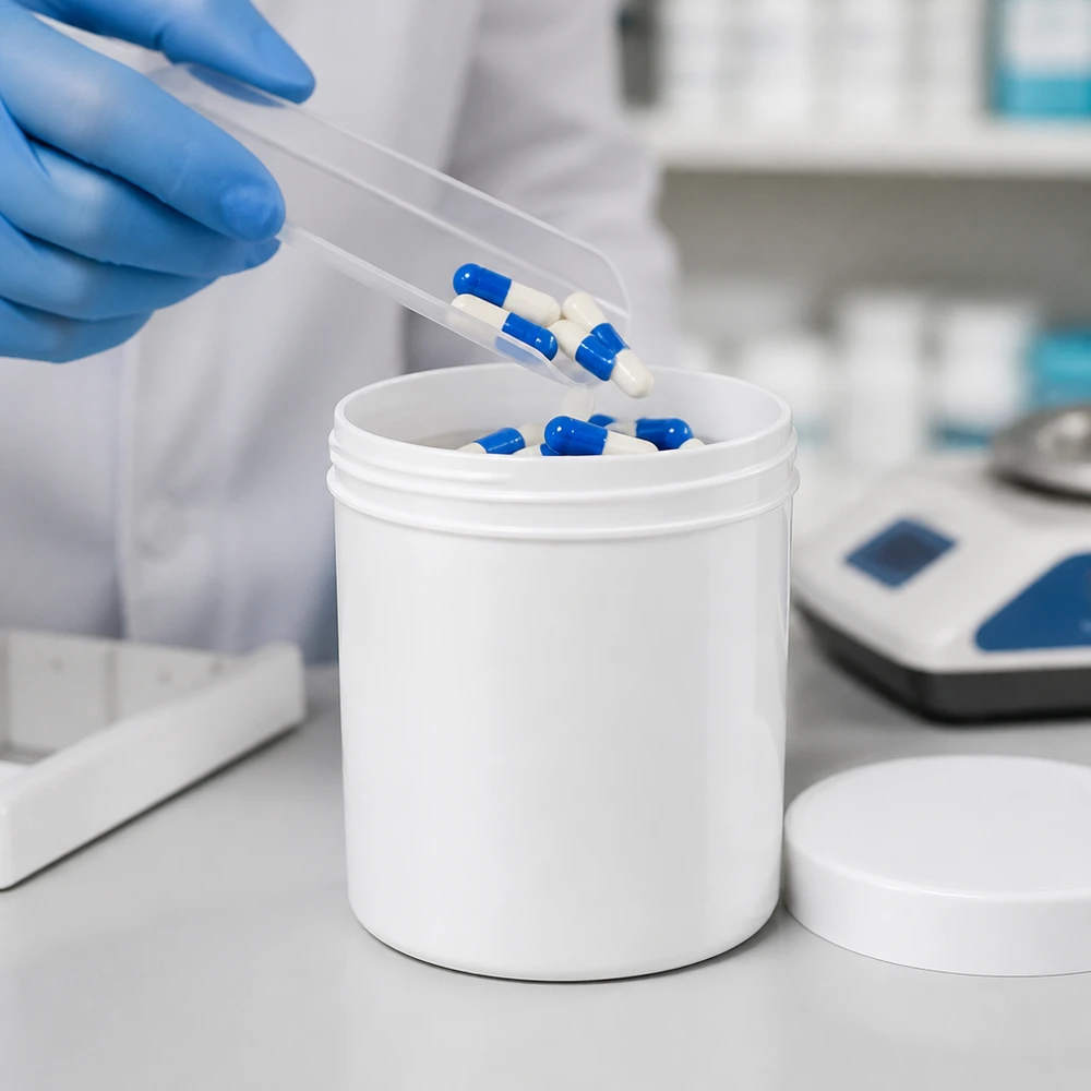 Farmaceutisk salvorburk, 150 g, vit med blåvita kapslar och skruvlock av PP