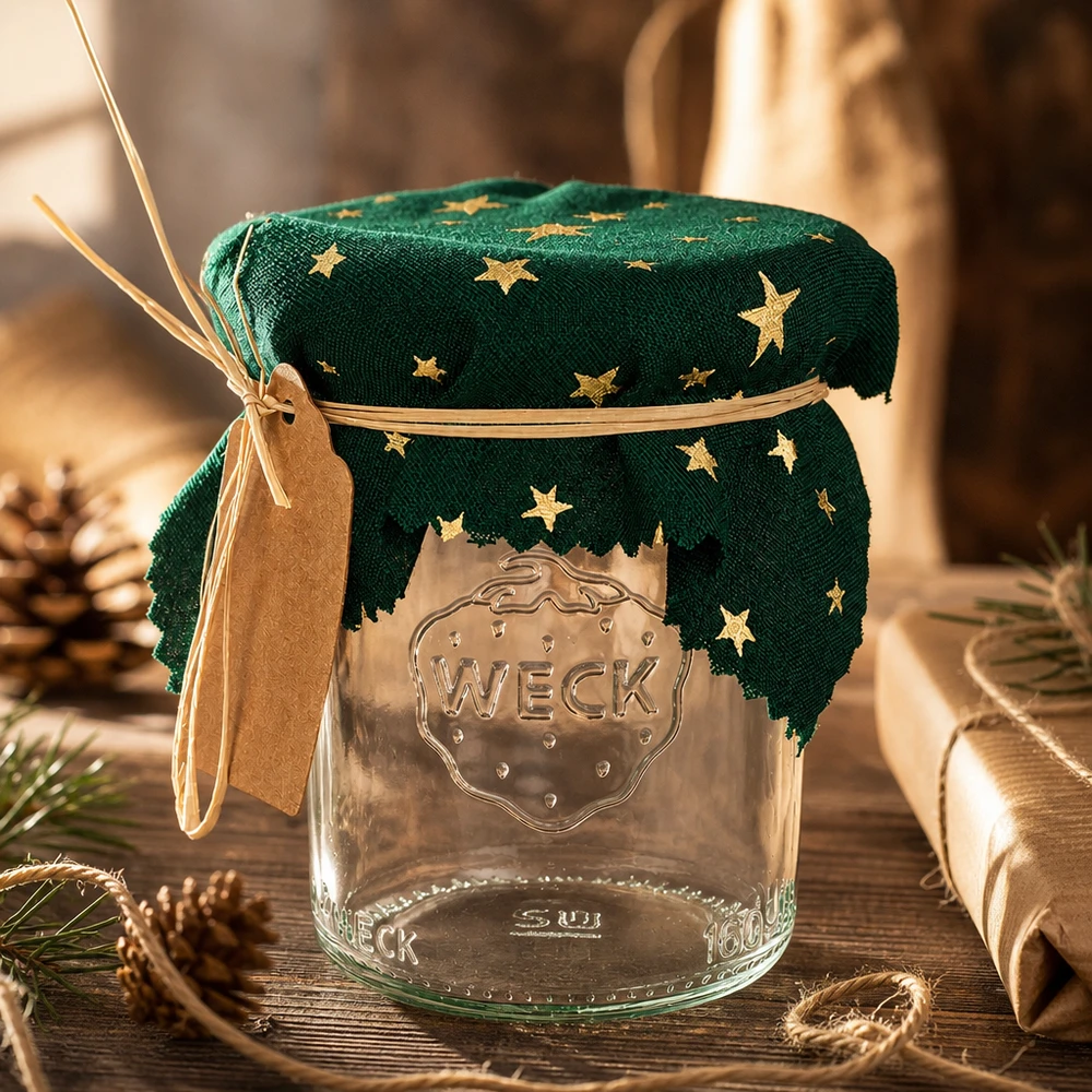 Juldekoration med grön stjärndocka 12cm kvadrat på Weck-burk mellan kottar och julklappar