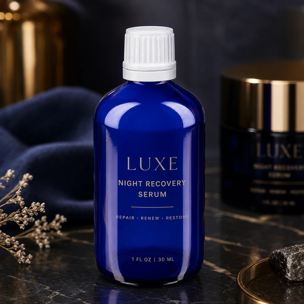 Apoteksflaska blå 100ml skruvkork vit manipulationsskyddad förslutning Lyxigt kosmetiskt serum i en koboltblå 100 ml apoteksflaska av glas med vitt skruvlock