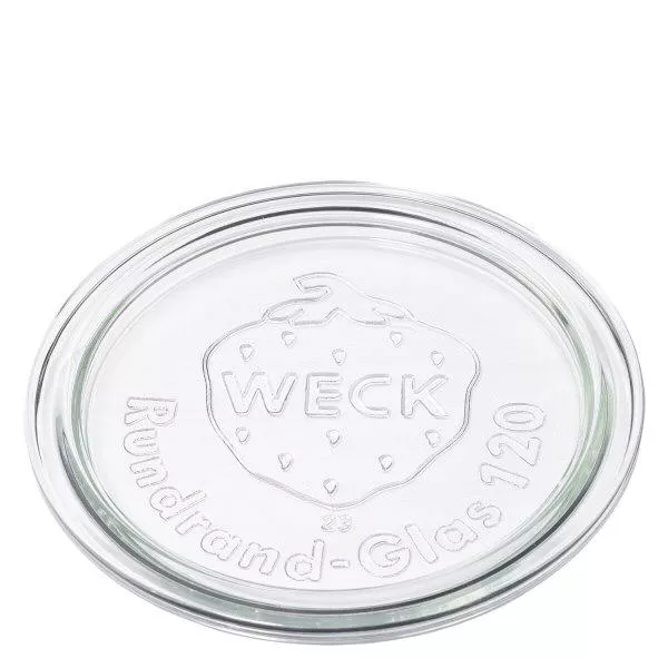 WECK glaslock RR120 av transparent glas med präglad WECK-logotyp och rund kant glas 120 inskription