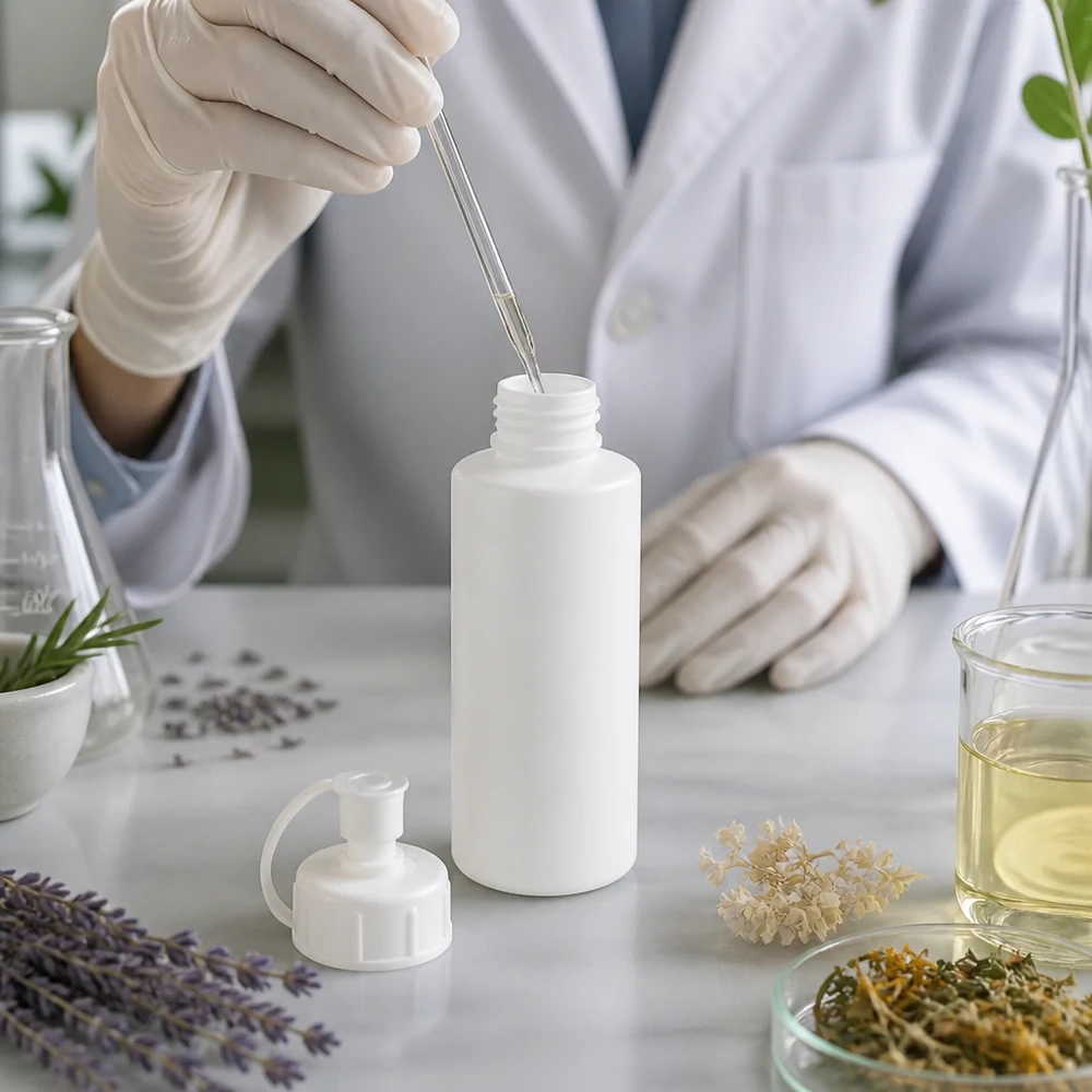 Apoteksflaska i HDPE, 30 ml, vit, med öppnad sprutkork på ett marmorbord med lavendel