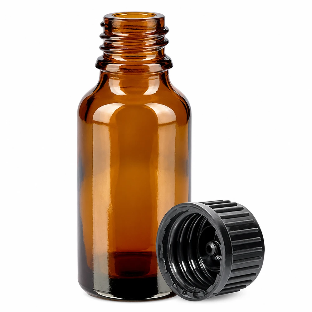 20ml flaska 11mm skruvkork svart standard BrownLine UT18/20 Liten 20 ml bärnstensfärgad glasflaska med räfflat svart lock för mediciner och droppar