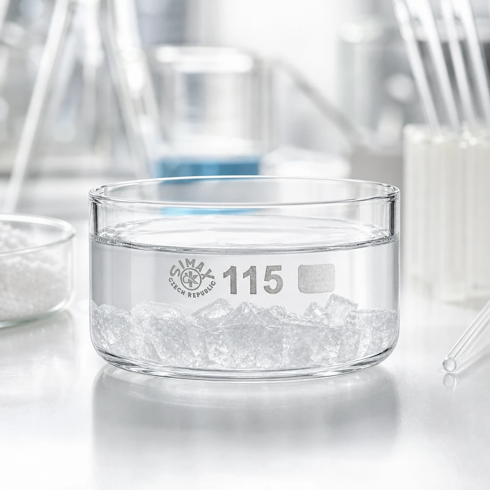 SIMAX kristalliseringsskål, 500 ml, borosilikatglas, fylld med isbitar i laboratoriet