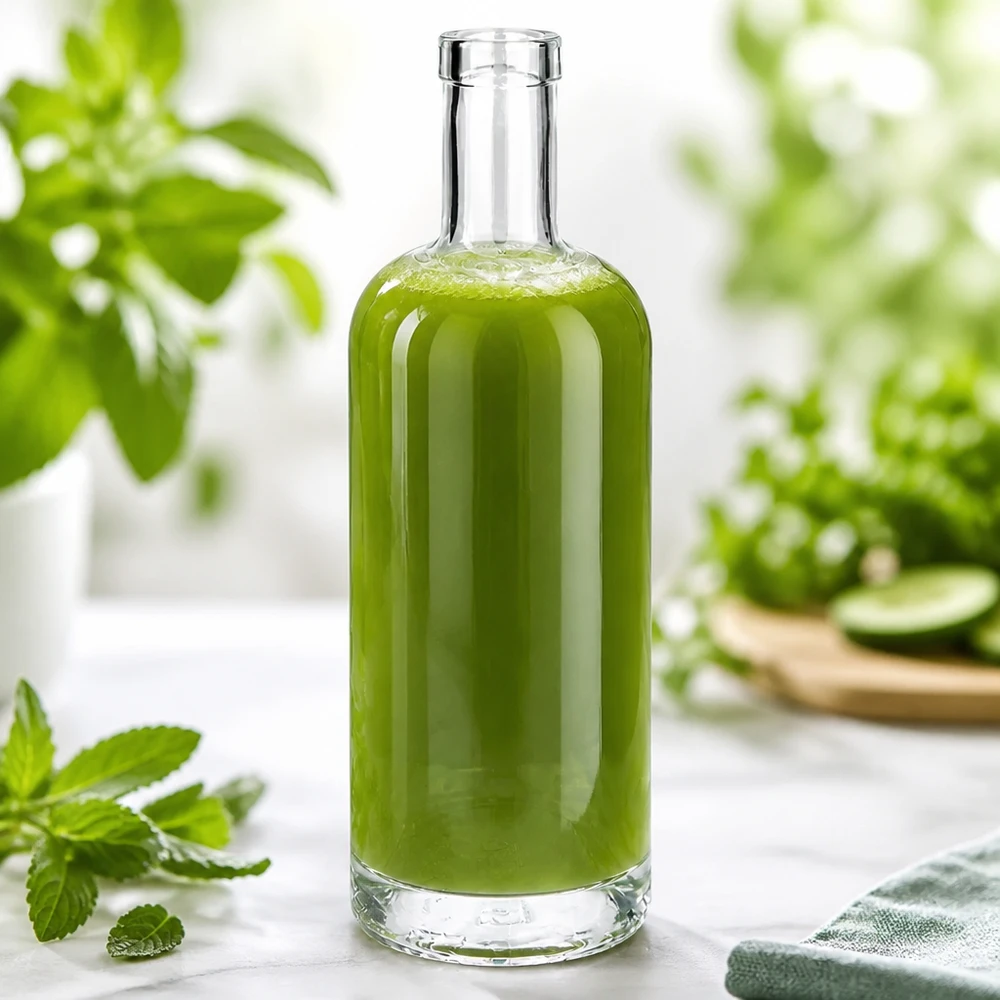 Emma 750 ml glasflaska fylld med grönt innehåll i en naturlig miljö dekorerad med mynta och växter