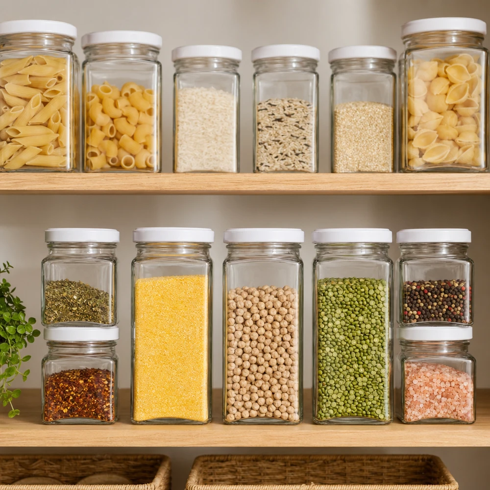 260 ml tetraburkar med vita lock fyllda med pasta, ris, spannmål och baljväxter i ett organiserat skafferi
