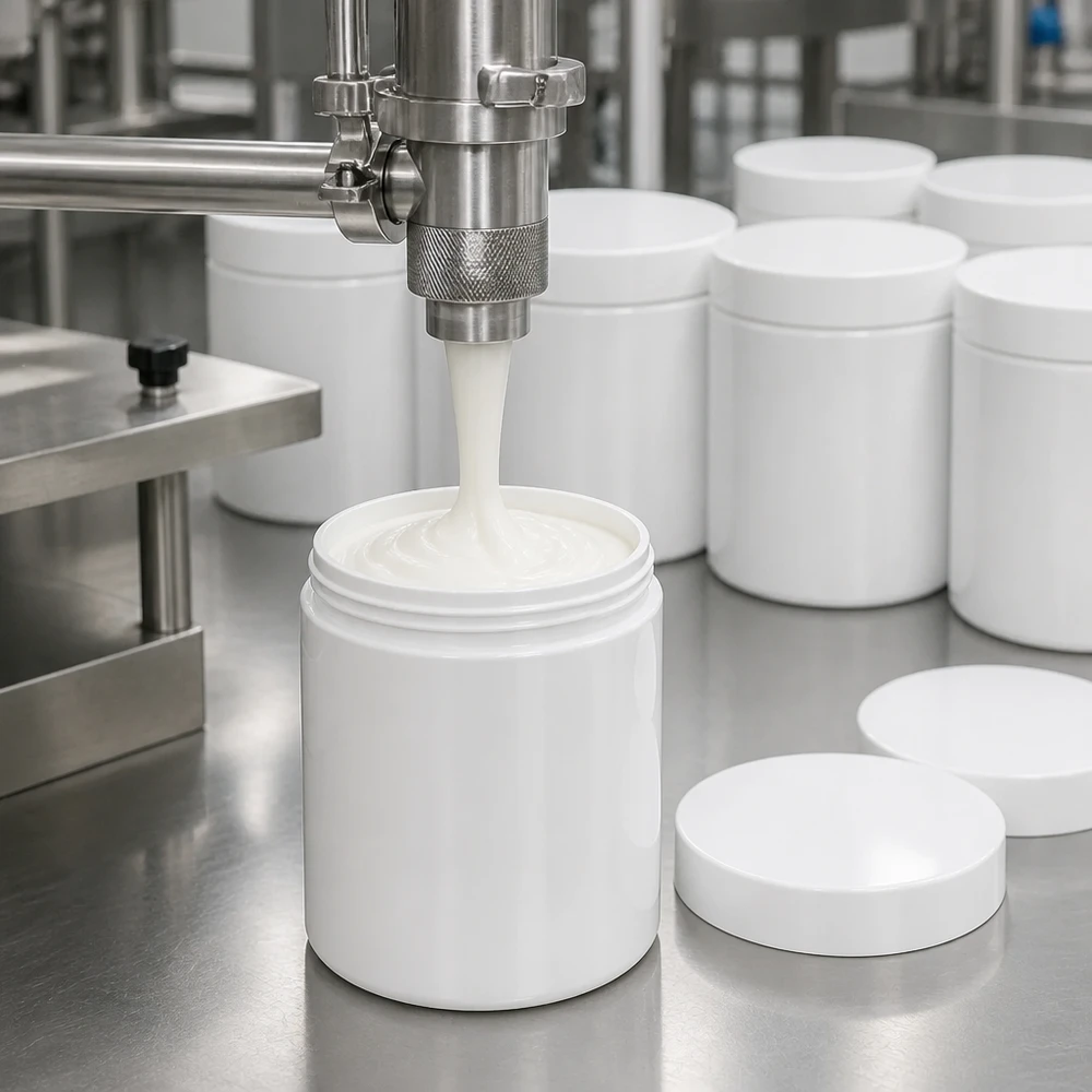 Salvburk 300g vit med vitt skruvlock (polypropylen) Fyllningsanläggningen fyller vita 300 g-salvburkar av PP med vita skruvlock under produktionen