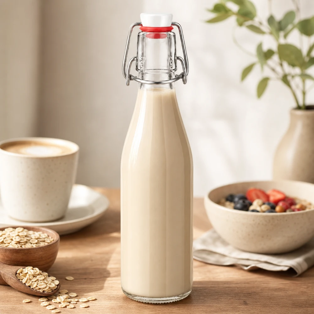 250 ml glasflaska + svängbart lock PVC UNiTWIST 250ml Glasflasche mit Bügelverschluss gefüllt mit cremiger Hafermilch, perfekt für gesunde Ernährung und Frühstück