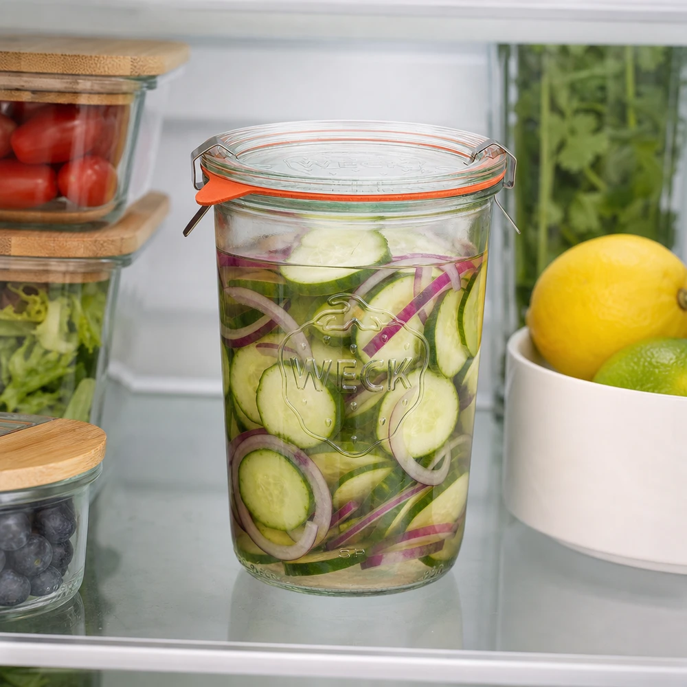 850ml krossade glasögon komplett WECK RR100 WECK RR100 dricksglas 850ml i kylskåpet med inlagda gurkor och lök för optimal färskhållning av maten
