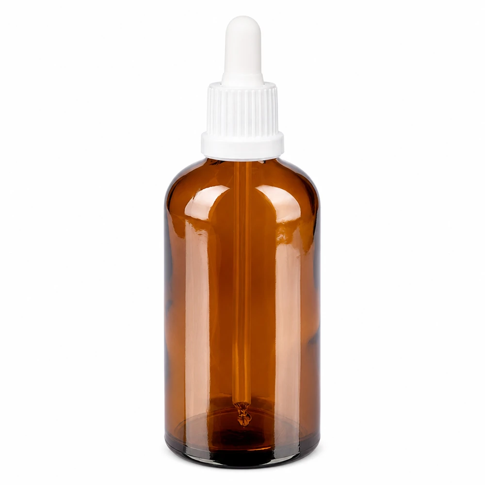 100 ml pipettflaska av bärnstensfärgat glas med vitt dropplock för exakt dosering