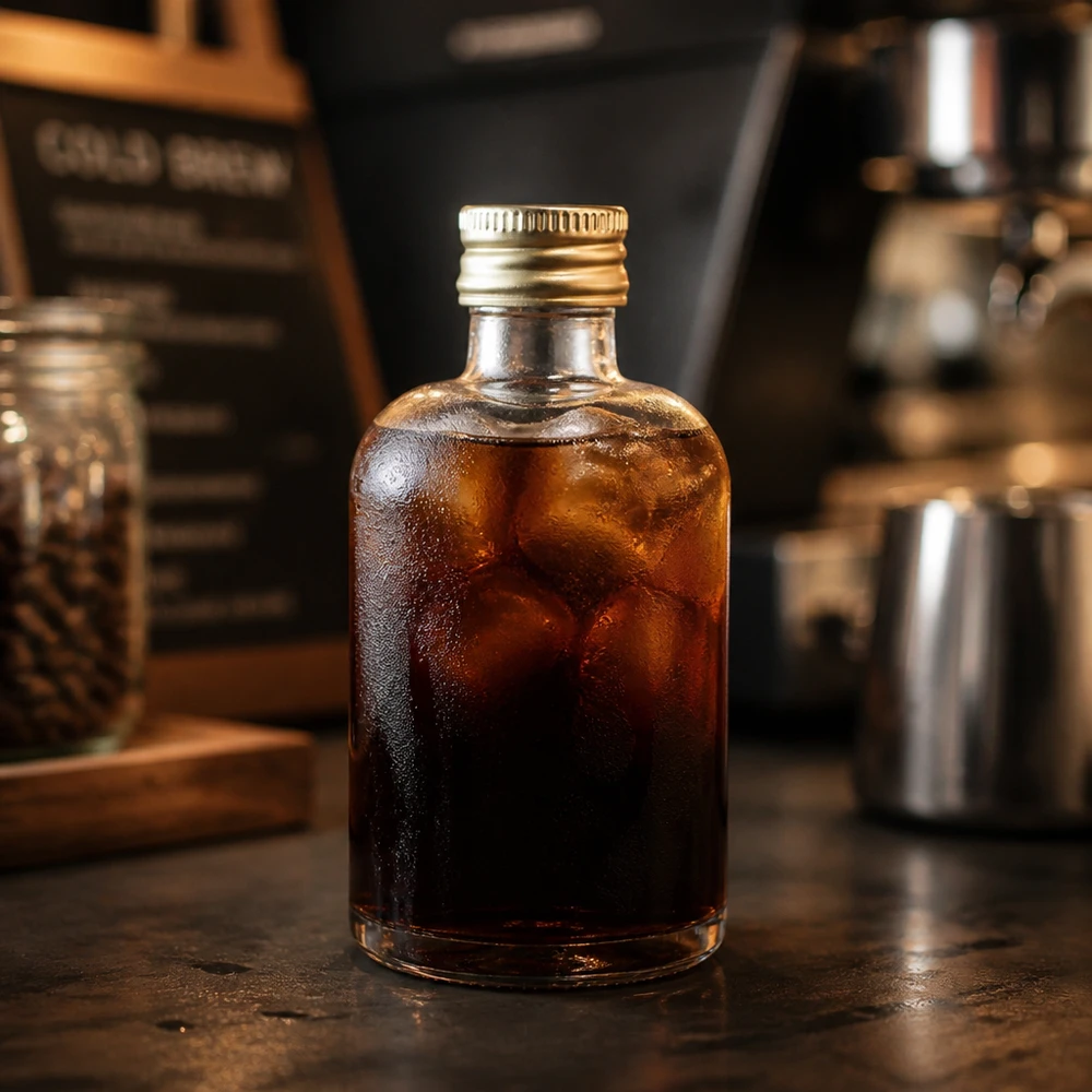 40 ml glasflaska Sara med skruvlock i guld UNiTWIST® 40ml Glasflasche Sara mit Cold Brew Kaffee gefüllt - goldener UNiTWIST Verschluss in stylischer Barista-Küche