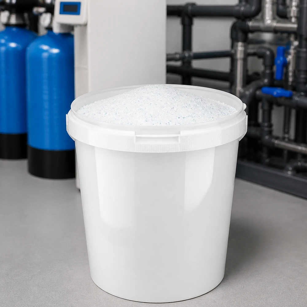 Hink i vit polypropenplast 10,7L utan lock Vit PP-hink på 10,7 liter fylld med salt bredvid vattenavhårdaren i teknikrummet