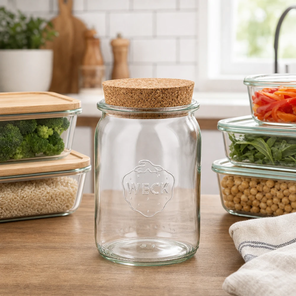 145ml cylinderburk WECK RR40 med kork natur WECK 145 ml cylindrisk burk RR40 med korklock i modernt kök omgiven av glasbehållare med grönsaker och baljväxter