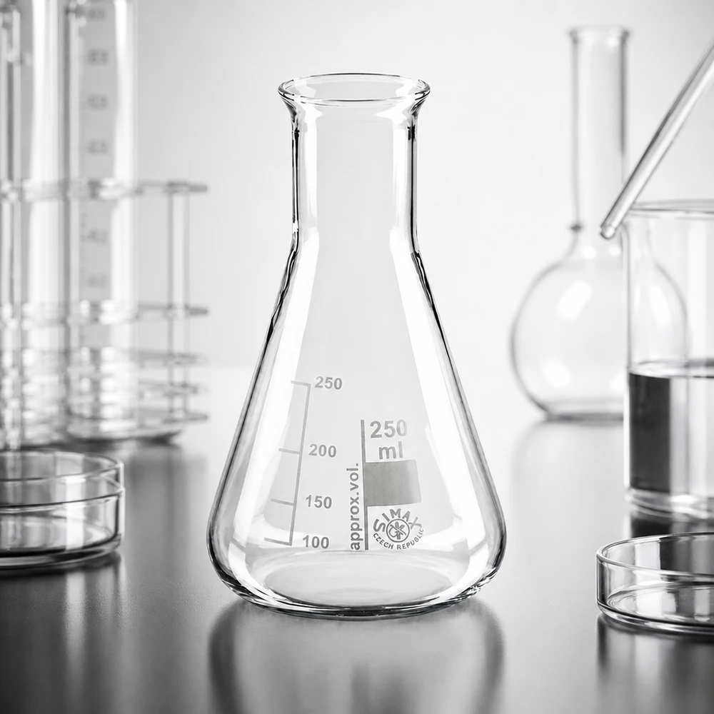 Erlenmeyerkolv 250 ml med smal hals Konisk Erlenmeyerkolv 250 ml med smal hals och gradering för exakta mätningar i laboratoriet