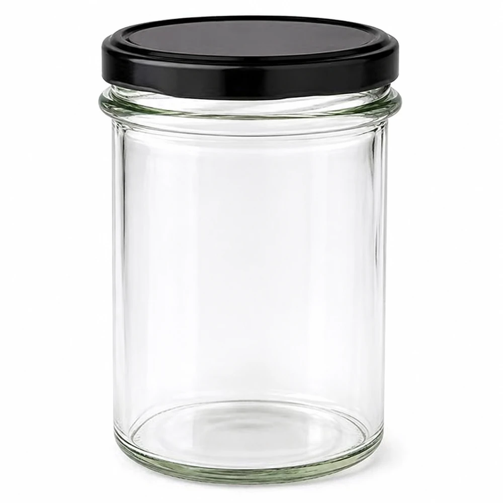 Muggar med en volym på 230 ml med lock BasicSeal svarta UNiTWIST 230 ml masonburk med svart BasicSeal-lock tom transparent konserveringsburk förvaringsburk