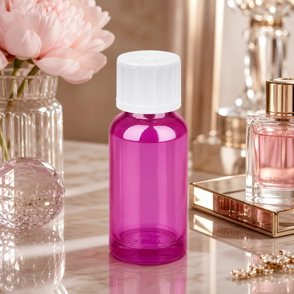 20 ml droppflaska med barnsäkert lock i transparent lila för säker förvaring