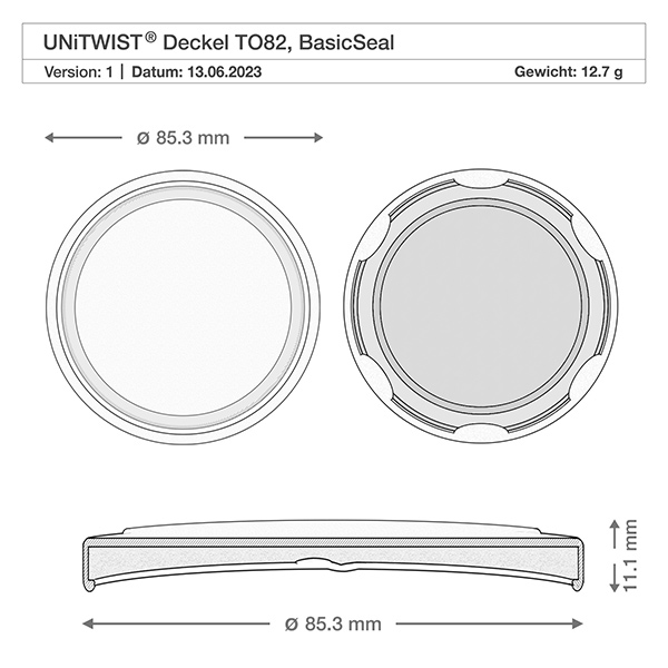 230 ml krossade glasögon + BasicSeal-lock honeycomb UNiTWIST Teknisk ritning av det vita BioSeal-locket T082 med måtten 85,3 mm i diameter och 11,1 mm i höjd