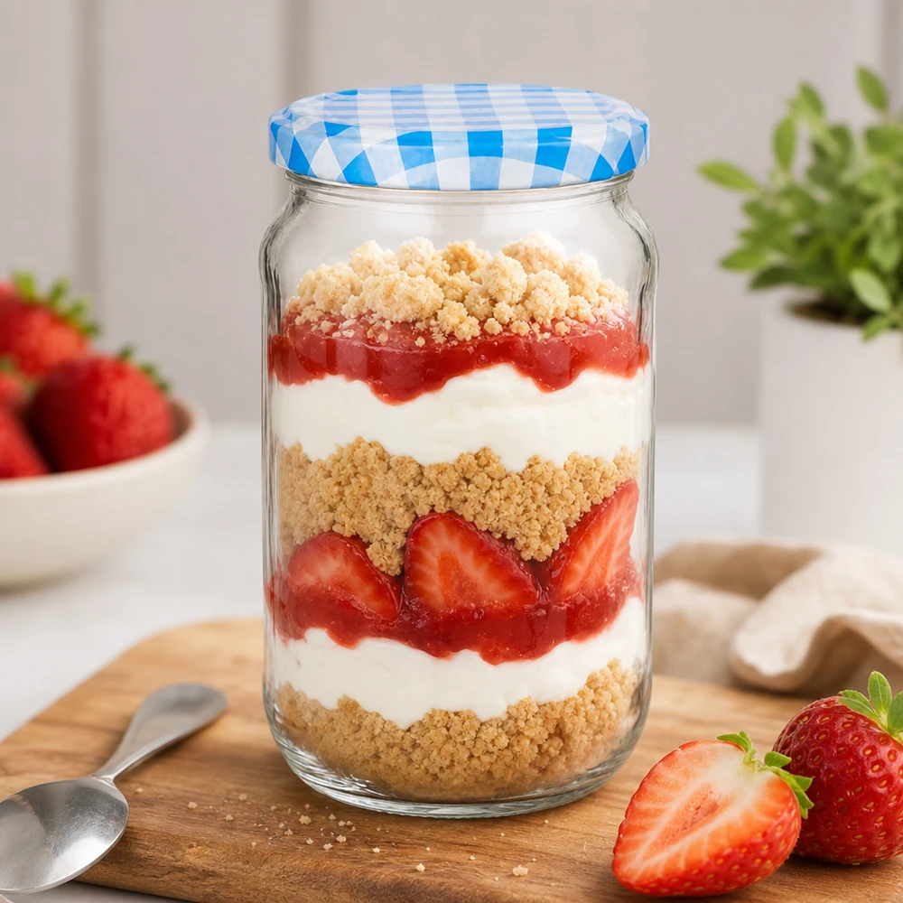1062ml rund dessertburk med jordgubbs- och gräddlagerdessert, BasicSeal-lock blå- och vitrutigt
