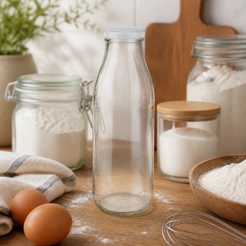 500ml glasflaska BasicSeal vit i kök med bakingredienser mjöl ägg och köksredskap bakning atmosfär