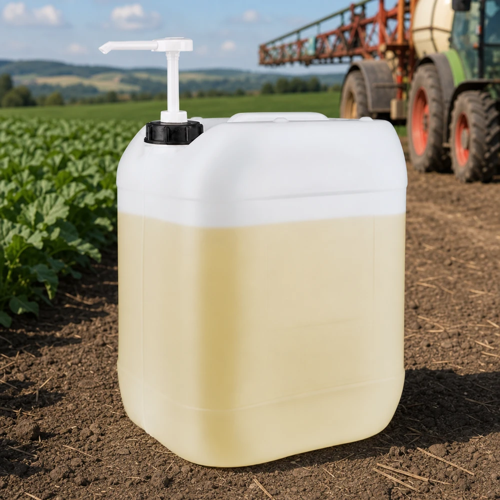 En 20-liters jordbruksdunk med doseringspump på en åker framför en traktor med fältspruta