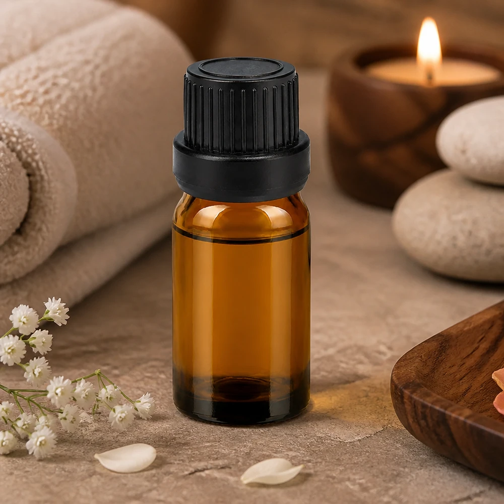 Liten 5 ml droppflaska av brunt glas med svart lock för aromaterapi och wellness