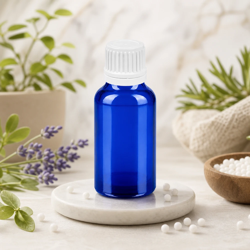 20 ml BlueLine glasflaska med 11 mm skruvlock för eteriska oljor och aromaterapi