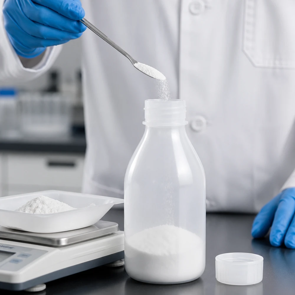 100ml laboratorieflaska med smal hals och skruvkork Vitt pulver fylls med en laboratoriespatel i en 100 ml skruvflaska med smal hals av HDPE