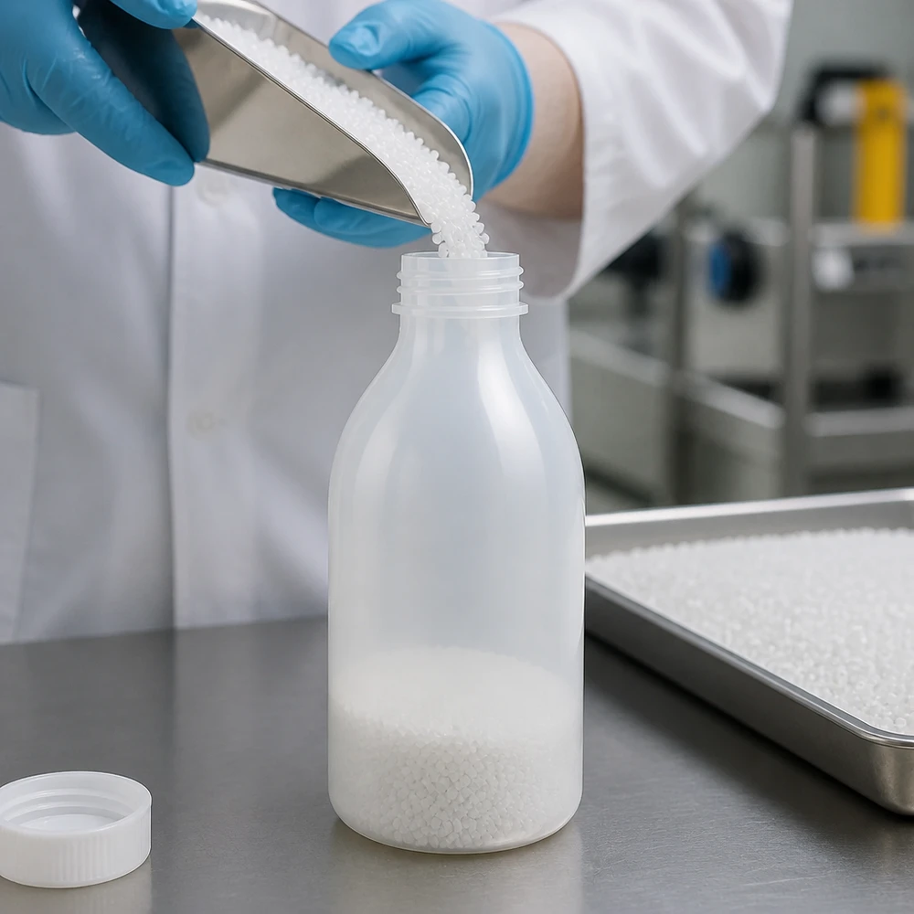 250 ml laboratorieflaska med smal hals utan lock vid påfyllning av vitt plastgranulat