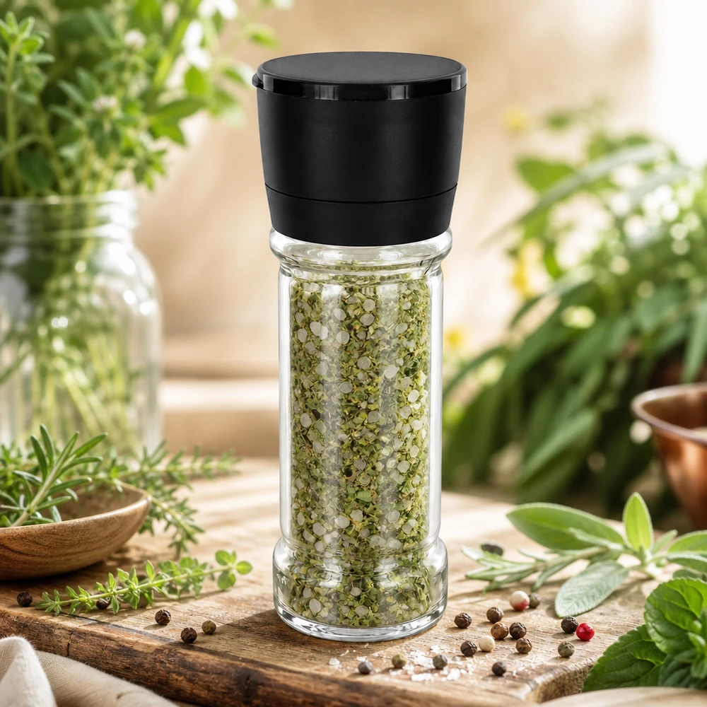 Salt-/kryddburk 100 ml med kvarn, Vario svart 100 ml glasburk med örtsalt och svart Vario-kvarn, fylld med gröna örter på en träbricka