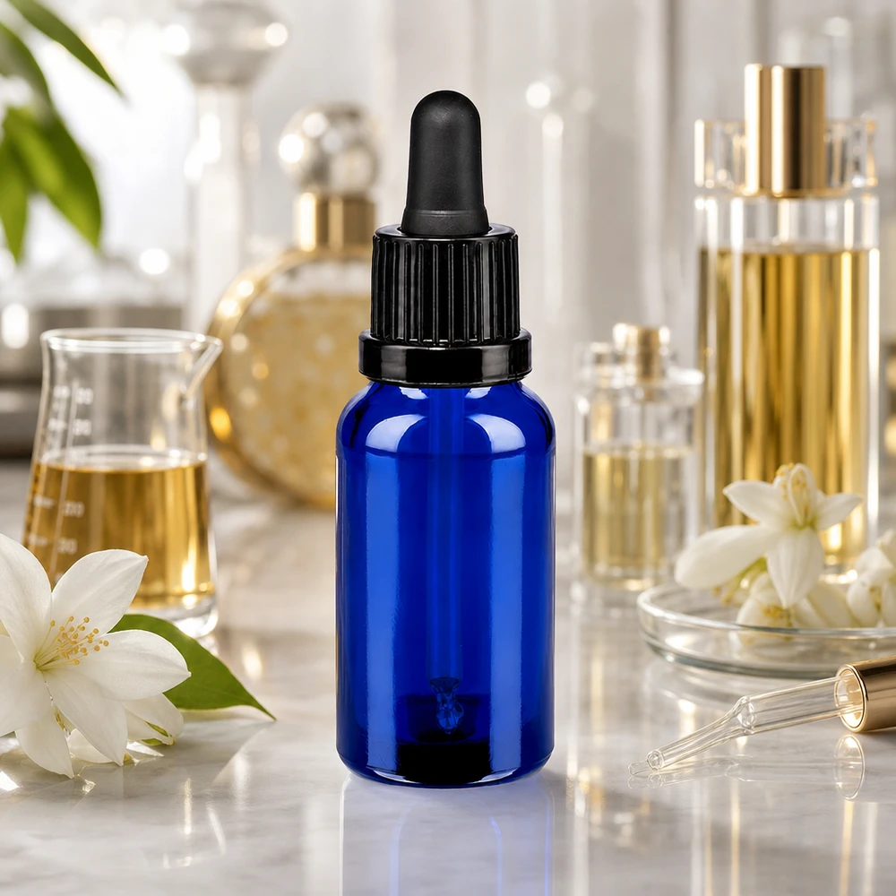 20 ml pipettflaska svart med säkerhetsförslutning BlueLine UT18/20 20 ml blå glasflaska med svart droppipett för exakt dosering av serum och tinkturer