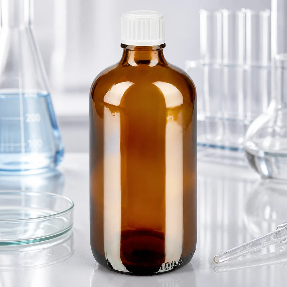 Apoteksflaska brun 100ml droppflaska vit 0,8mm standard Apoteksflaska, 100 ml, brunt glas med vit STD-kork och exakt droppöppning på 0,9 mm