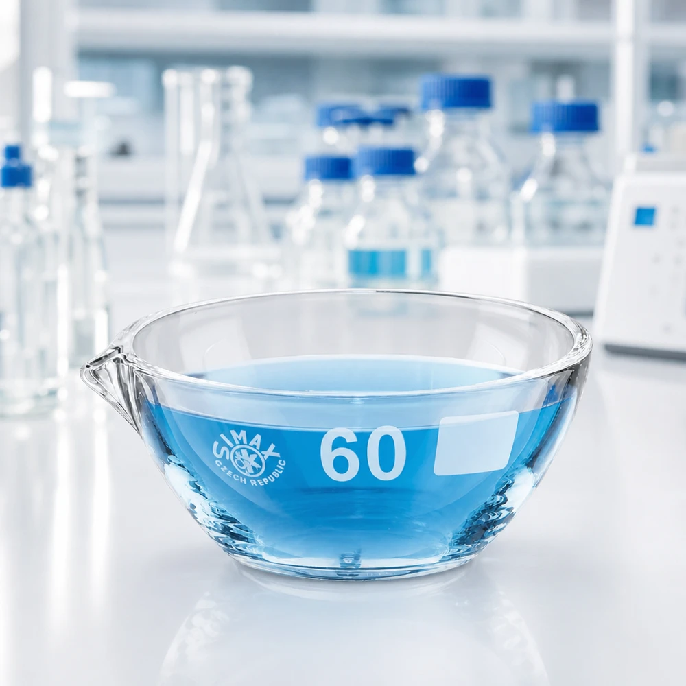 45ml indunstningsskål med pip borosilikat ø60mm Kompakt 45 ml indunstningsskål med ø60 mm pip av borosilikatglas för effektiva laboratorieprocesser